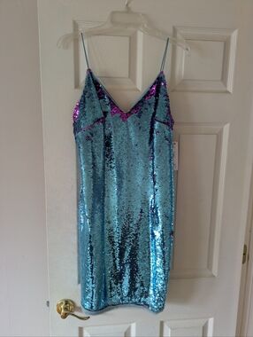 Aidan Mattox Teal and Magenta Flip Sequin Cocktail Dress